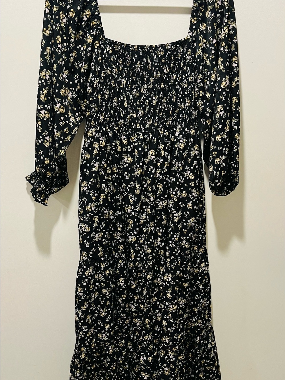 elloh Black Floral Smocked Midi Dress with 3/4 Length Sleeves